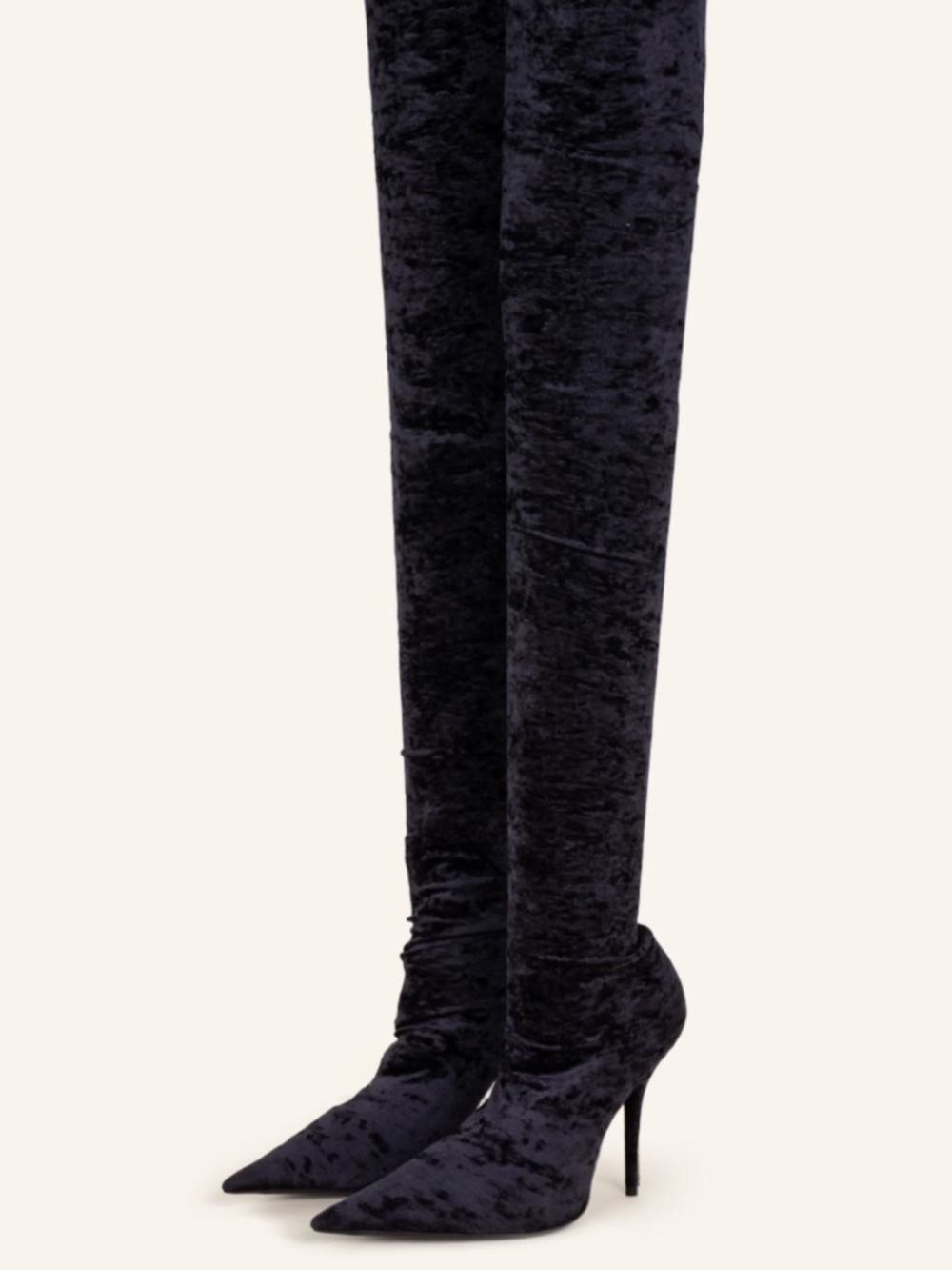 Balenciaga Knife Black Crushed Velvet Pointed Toe Over the Knee Runway Boots